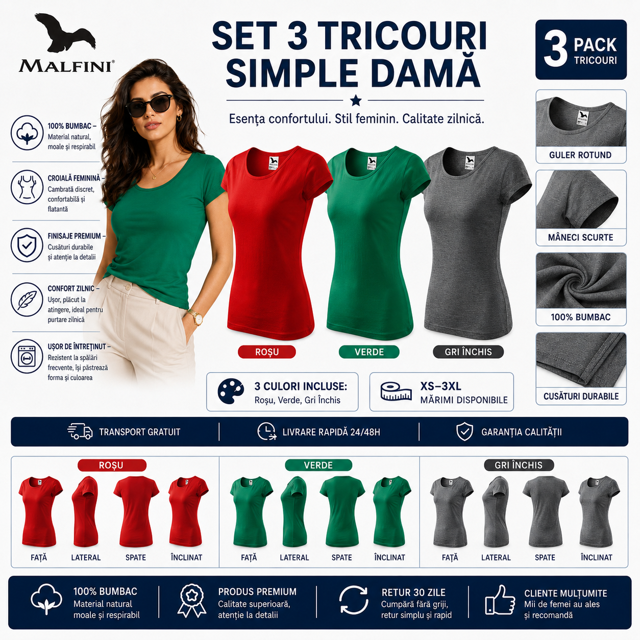 Set 3 tricouri damă 100% bumbac elegant casual cu decolteu verde roșu gri model 122
